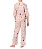 Color:Pink/Print - Image 2 - Satin Sun & Moon Print 3/4 Sleeve Notch Collar Pajama Set