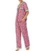 Color:Pink Print - Image 3 - Short Sleeve Dotted Notch Collar Coordinating Critter Print Pajama Set