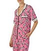 Color:Pink Print - Image 4 - Short Sleeve Dotted Notch Collar Coordinating Critter Print Pajama Set