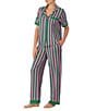 Color:Green Stripe - Image 3 - Short Sleeve Notch Collar Cozy Jersey Striped Pajama Set