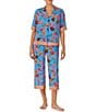 Color:Blue Floral - Image 1 - Short Sleeve Notch Collar Cropped Woven Floral Printed Pajama Set