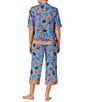 Color:Blue Floral - Image 2 - Short Sleeve Notch Collar Cropped Woven Floral Printed Pajama Set