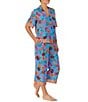 Color:Blue Floral - Image 3 - Short Sleeve Notch Collar Cropped Woven Floral Printed Pajama Set