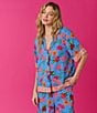 Color:Blue Floral - Image 6 - Short Sleeve Notch Collar Cropped Woven Floral Printed Pajama Set
