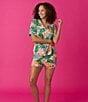 Color:Pink Print - Image 4 - Short Sleeve Notch Collar Jersey Knit Jungle Floral Matching Shorts Pajama Set