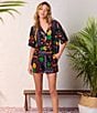 Color:Black/Multi - Image 4 - Tropical Patchwork Print Short Sleeve Notch Collar Woven Shorty Pajama Set