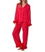 Room Service Woven Satin Sequin Print Long Sleeve Notch Collar Feather Trim Pajama Set, Color:Red Print - Image 1