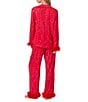 Room Service Woven Satin Sequin Print Long Sleeve Notch Collar Feather Trim Pajama Set, Color:Red Print - Image 2