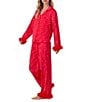 Room Service Woven Satin Sequin Print Long Sleeve Notch Collar Feather Trim Pajama Set, Color:Red Print - Image 3