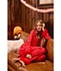 Room Service Woven Satin Sequin Print Long Sleeve Notch Collar Feather Trim Pajama Set, Color:Red Print - Image 4