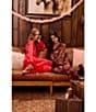 Room Service Woven Satin Sequin Print Long Sleeve Notch Collar Feather Trim Pajama Set, Color:Red Print - Image 5