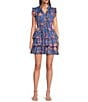 Ro's Garden Bimba Woven Floral Print Split Tie Neck Flutter Sleeve Tiered Mini Dress, Color:Light Blue - Image 1
