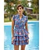 Ro's Garden Bimba Woven Floral Print Split Tie Neck Flutter Sleeve Tiered Mini Dress, Color:Light Blue - Image 4