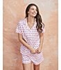 Color:Pink Love Bug - Image 4 - Cora Short Sleeve Notch Collar Shorty Knit Love Bug Print Pajama Set