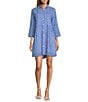 Ro's Garden Deauville Capri Print Collar Neck 3/4 Sleeve Button Front Dress, Color:Capri Blue - Image 1