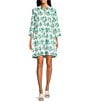 Color:Green - Image 1 - Deauville Floral Point Collar 3/4 Sleeve Button Front Shirt Dress