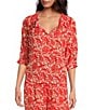 Ro's Garden Havana Woven Floral Print Round Ruffle Tie Neck 3/4 Puff Sleeve Blouse, Color:Red - Image 1