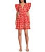 Ro's Garden Hunan Woven Floral Print V-Neck Flutter Sleeve Tie Waist Dress, Color:Red - Image 1