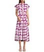 Ro's Garden Mumi Kyle Print Mandarin Collar Short Sleeve Button Front Midi Dress, Color:Kyle Purple - Image 1