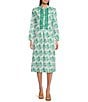 Color:Green - Image 1 - Newport Floral Print Split V-Neck 3/4 Sleeve Kurta Midi Dress