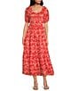 Ro's Garden Percy Woven Floral Print Scoop Neck Short Puff Sleeve Midi Dress, Color:Red - Image 1