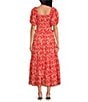 Ro's Garden Percy Woven Floral Print Scoop Neck Short Puff Sleeve Midi Dress, Color:Red - Image 2