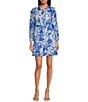 Ro's Garden Romy Printed Point Collar V-Neck 3/4 Sleeve Mini Dress, Color:Blue - Image 1