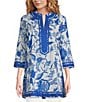 Ro's Garden Tokyo Printed Mandarin Collar 3/4 Sleeve Tunic, Color:Blue - Image 1