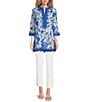 Ro's Garden Tokyo Printed Mandarin Collar 3/4 Sleeve Tunic, Color:Blue - Image 5