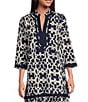 Ro's Garden Toyko Printed Woven Split V-Neck 3/4 Sleeve Tunic Top, Color:Navy - Image 1