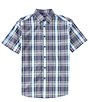 Color:Deep Blue - Image 1 - Plaid Print Short Sleeve Slub Sport Shirt