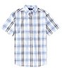 Color:Blue/White - Image 1 - Plaid Print Short Sleeve Slub Sport Shirt