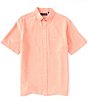 Color:Coral - Image 1 - Short Sleeve Polynosic Solid Slub Button Down Shirt