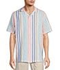 Color:White - Image 1 - Short Sleeve Stripe Linen Blend Camp Shirt