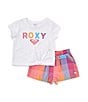 Color:Assorted - Image 1 - Baby Girls 12-24 Months Cap-Sleeve Logo Graphic Slub-Jersey T-Shirt & Checked Woven Shorts Set