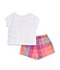 Color:Assorted - Image 2 - Baby Girls 12-24 Months Cap-Sleeve Logo Graphic Slub-Jersey T-Shirt & Checked Woven Shorts Set