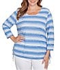 Ruby Rd. Plus Size Yarn-Dyed Eyelash Stripe Scoop Neck 3/4 Sleeve Adjustable Side Ties Top, Color:Chambray Multi - Image 1