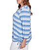 Ruby Rd. Plus Size Yarn-Dyed Eyelash Stripe Scoop Neck 3/4 Sleeve Adjustable Side Ties Top, Color:Chambray Multi - Image 3
