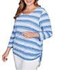 Ruby Rd. Plus Size Yarn-Dyed Eyelash Stripe Scoop Neck 3/4 Sleeve Adjustable Side Ties Top, Color:Chambray Multi - Image 4