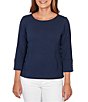 Ruby Rd. Abstract Textured Pucker Knit Scoop Neck 3/4 Sleeve Top, Color:Navy - Image 1