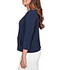 Ruby Rd. Abstract Textured Pucker Knit Scoop Neck 3/4 Sleeve Top, Color:Navy - Image 3