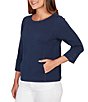 Ruby Rd. Abstract Textured Pucker Knit Scoop Neck 3/4 Sleeve Top, Color:Navy - Image 4