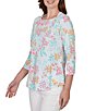 Ruby Rd. Allover Floral Envelope Neck 3/4 Sleeve Knit Top - Image 4