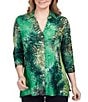 Color:Jewel Green Multi - Image 1 - Animal Print Burnout Knit Point Collar 3/4 Sleeve Button Front Shirt