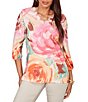 Ruby Rd. Bold Floral Scalloped V-Neck 3/4 Sleeve Oversized Knit Top - Image 1
