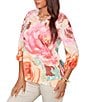 Ruby Rd. Bold Floral Scalloped V-Neck 3/4 Sleeve Oversized Knit Top - Image 4