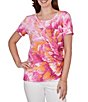 Ruby Rd. Bold Watercolor Floral Scoop Neck Short Sleeve Side Shirring Tee Top - Image 1