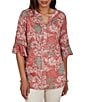 Ruby Rd. Burnout Jersey Tropical Floral Henley Collar Elbow Length Flutter Sleeve Top - Image 1
