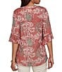 Ruby Rd. Burnout Jersey Tropical Floral Henley Collar Elbow Length Flutter Sleeve Top - Image 2