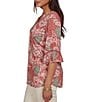 Ruby Rd. Burnout Jersey Tropical Floral Henley Collar Elbow Length Flutter Sleeve Top - Image 3